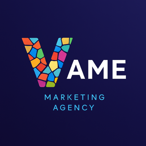 A navy background with V for VAME colourful logo and marketing agency written underneat